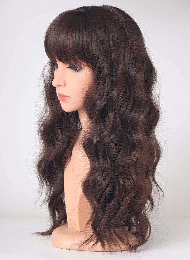 SYMEIW Medium Long Brown Wavy Wigs For Women Synthetic Full Hair Wigs With Bangs For Daily Use (brown) - Image 3